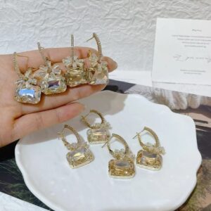 法式金属花朵锆石浅咖水钻耳扣女超闪精致设计感时尚气质耳环耳饰